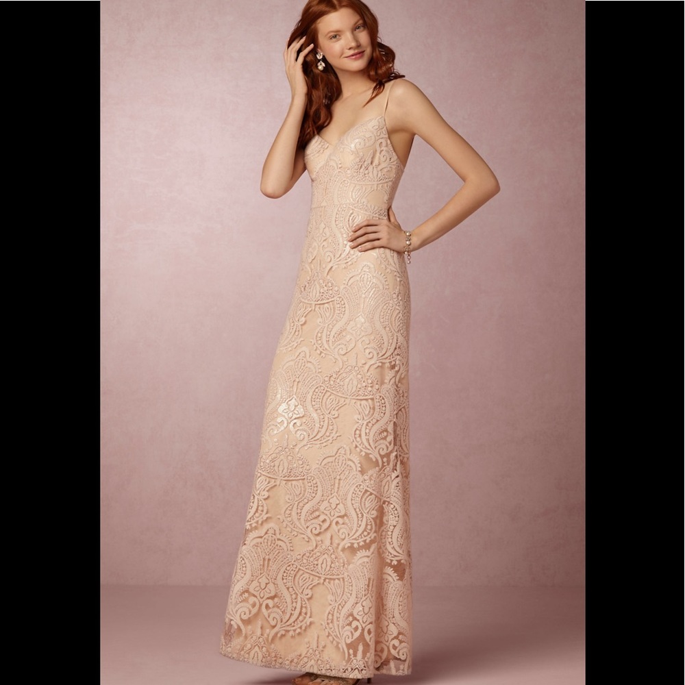 BHLDN Audra Sequin Lace Blush Pale Pink Maxi Dress